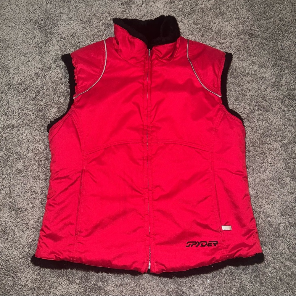 Spyder Women’s Red Reversible Black Faux Fur Vest Size 10 Medium Large